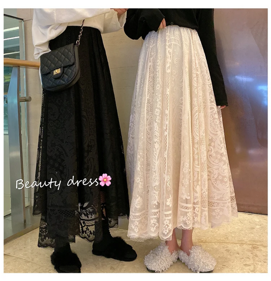 Women’s Black and Apricot High Waist Lace Skirt