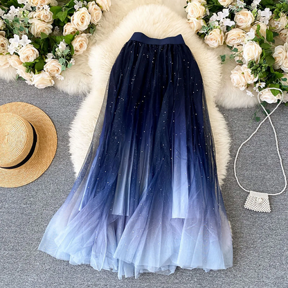 Women’s High Waist Starry Gradient Mesh Tulle Skirt