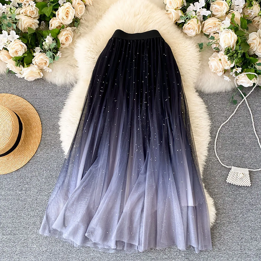 Women’s High Waist Starry Gradient Mesh Tulle Skirt