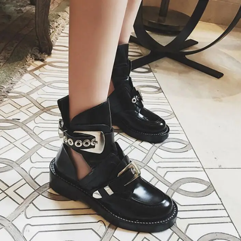 Cut Out Leather Black Ankle Boots
