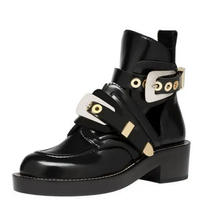 Cut Out Leather Black Ankle Boots