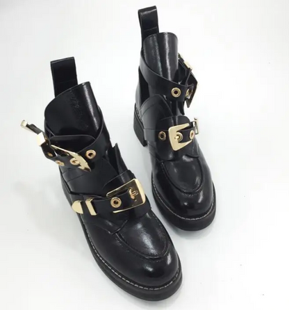 Cut Out Leather Black Ankle Boots