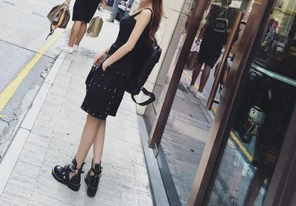 Cut Out Leather Black Ankle Boots