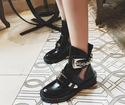 Cut Out Leather Black Ankle Boots