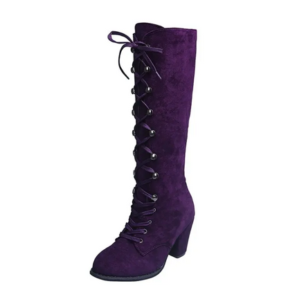 Purple Lace Up Knee High Boots