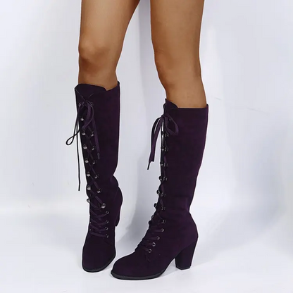 Purple Lace Up Knee High Boots
