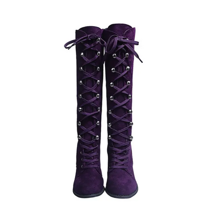 Purple Lace Up Knee High Boots