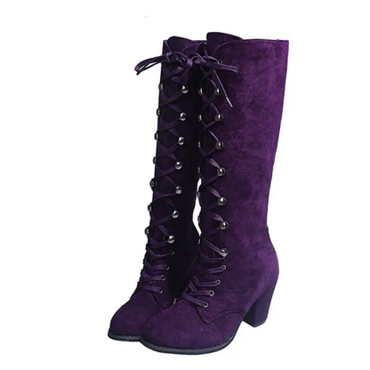 Purple Lace Up Knee High Boots