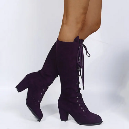 Purple Lace Up Knee High Boots