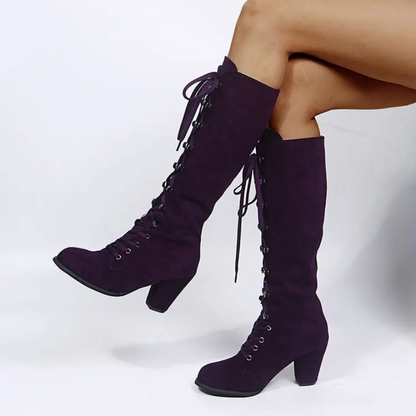 Purple Lace Up Knee High Boots