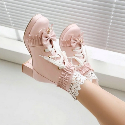 Cute Bow Chunky Heel Ankle Boots