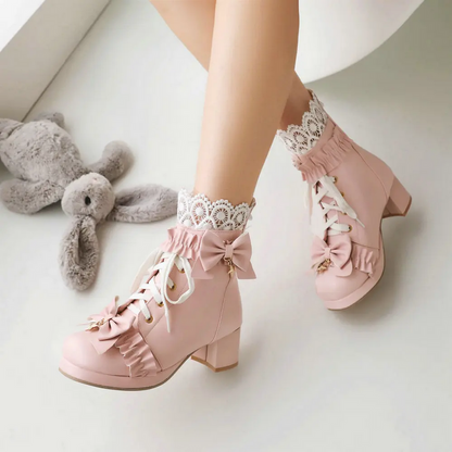 Cute Bow Chunky Heel Ankle Boots