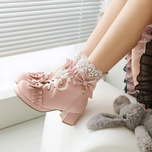 Cute Bow Chunky Heel Ankle Boots