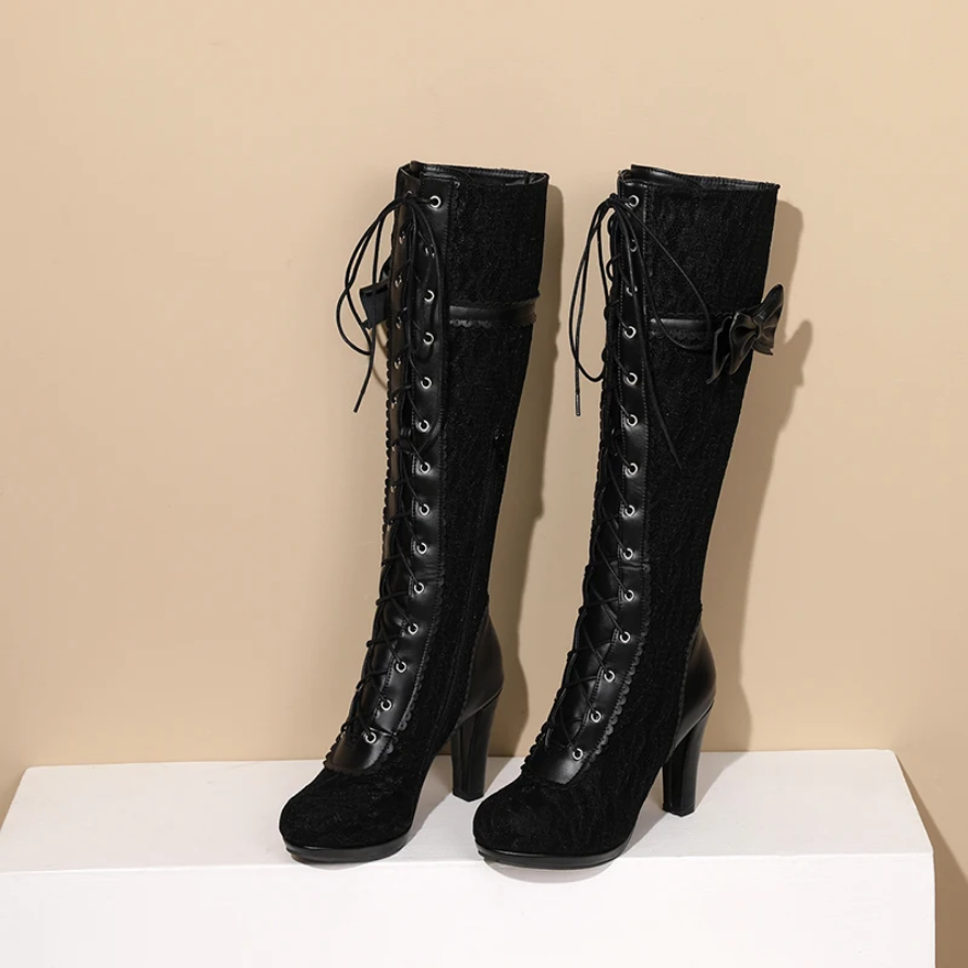 Black Lace up Vintage Victorian Bowknot Boots