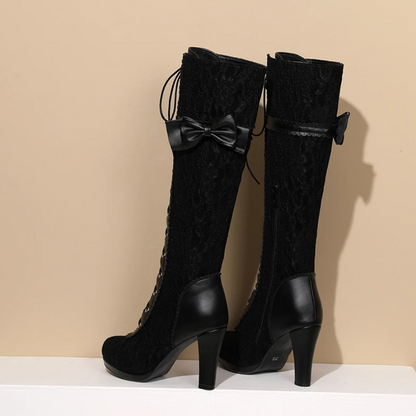 Black Lace up Vintage Victorian Bowknot Boots