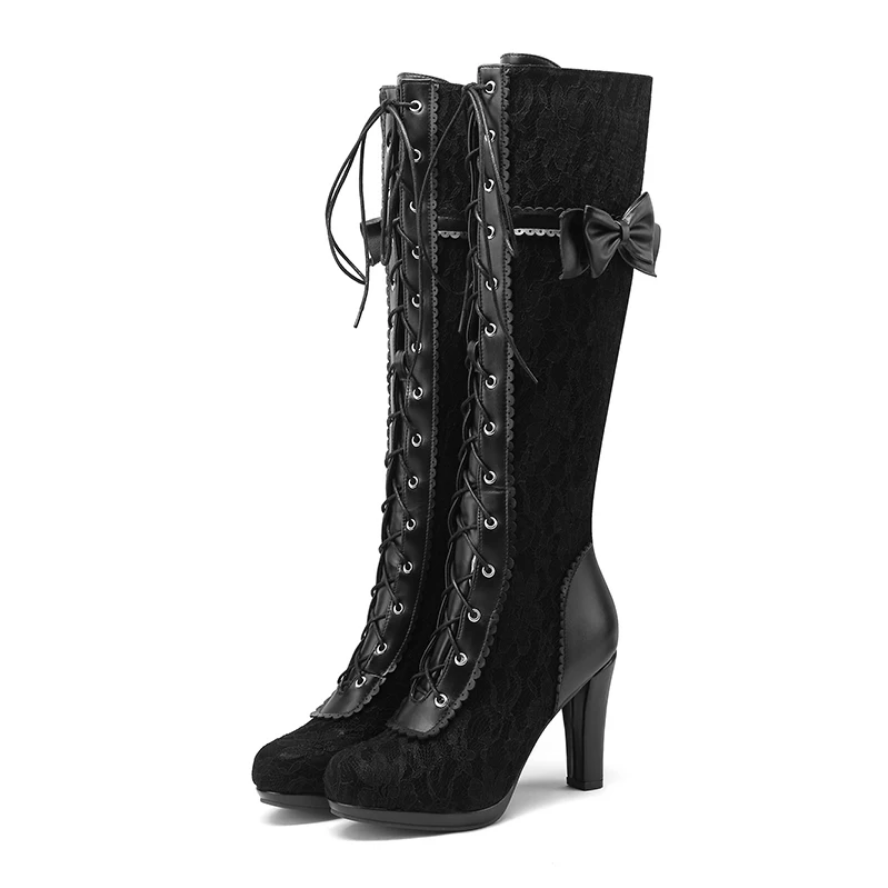 Black Lace up Vintage Victorian Bowknot Boots