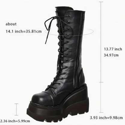 Gothic Black Lace Up Mid Calf Boots