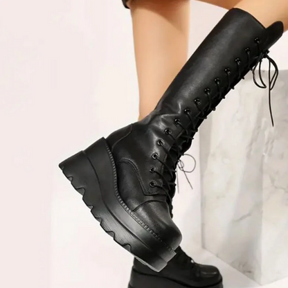 Gothic Black Lace Up Mid Calf Boots