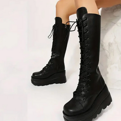 Gothic Black Lace Up Mid Calf Boots