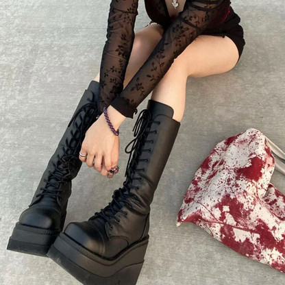 Gothic Black Lace Up Mid Calf Boots
