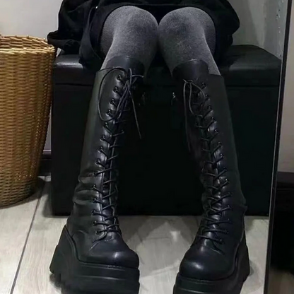 Gothic Black Lace Up Mid Calf Boots