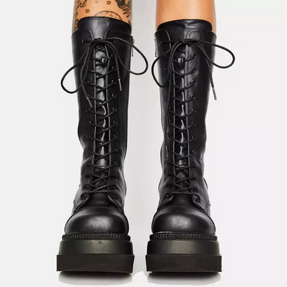 Gothic Black Lace Up Mid Calf Boots