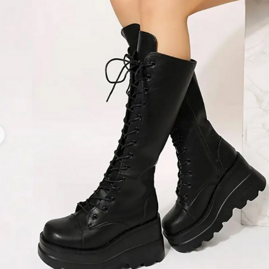 Gothic Black Lace Up Mid Calf Boots