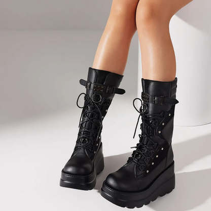 Platform Block Heel Biker Boots