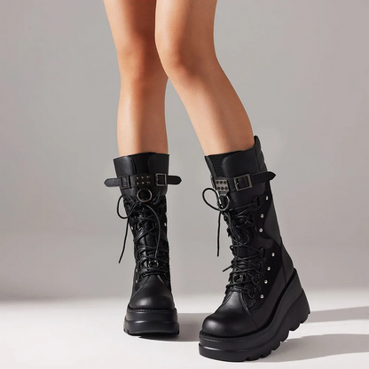 Platform Block Heel Biker Boots