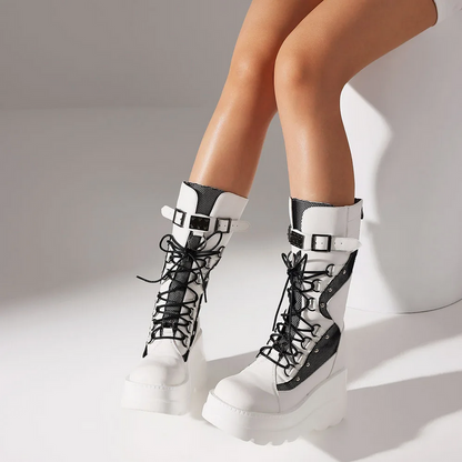 Platform Block Heel Biker Boots