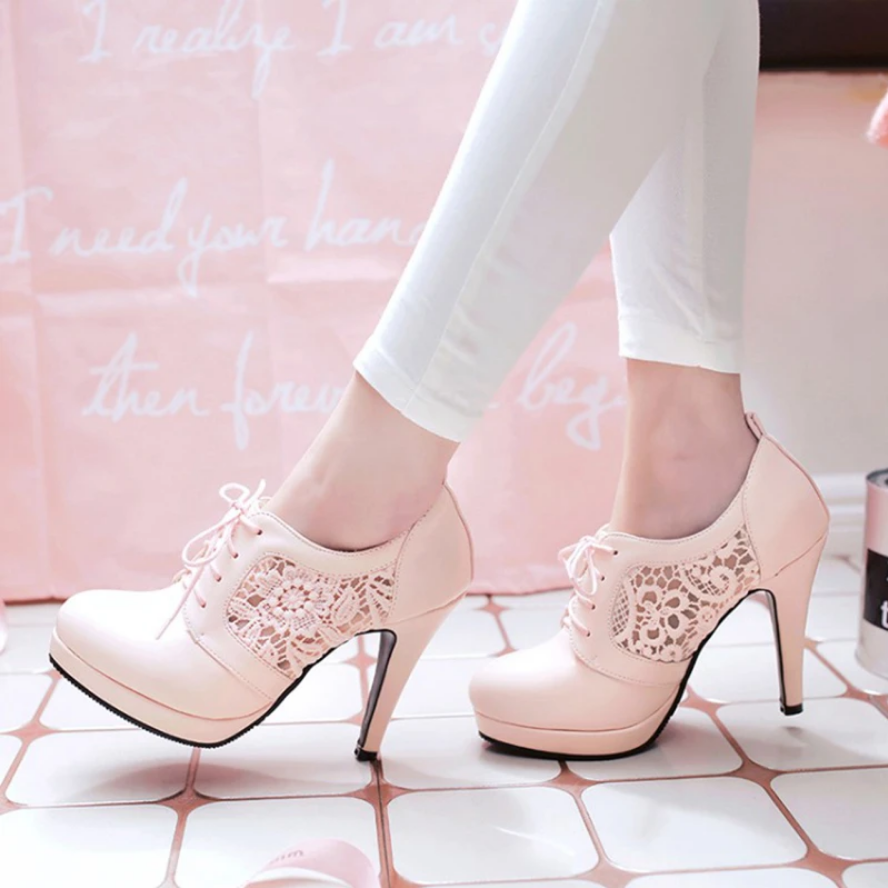 Pointed Toe Platform PU Leather Lace Stiletto Heels