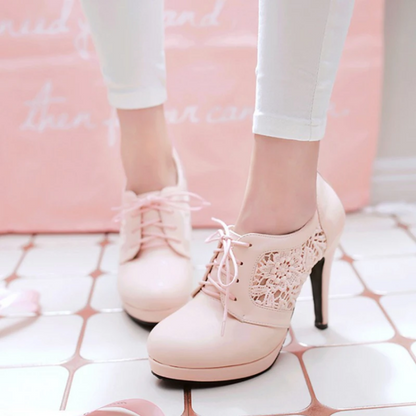 Pointed Toe Platform PU Leather Lace Stiletto Heels