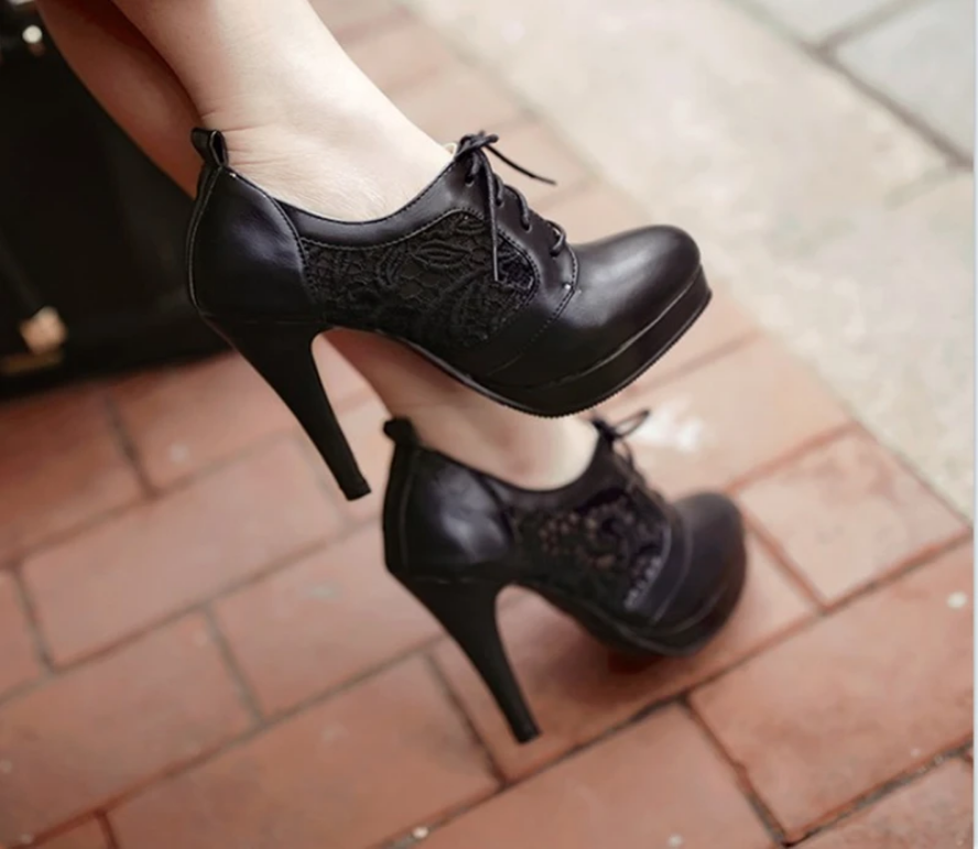 Pointed Toe Platform PU Leather Lace Stiletto Heels