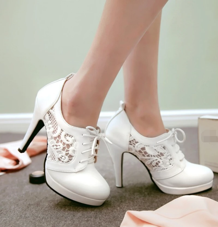Pointed Toe Platform PU Leather Lace Stiletto Heels