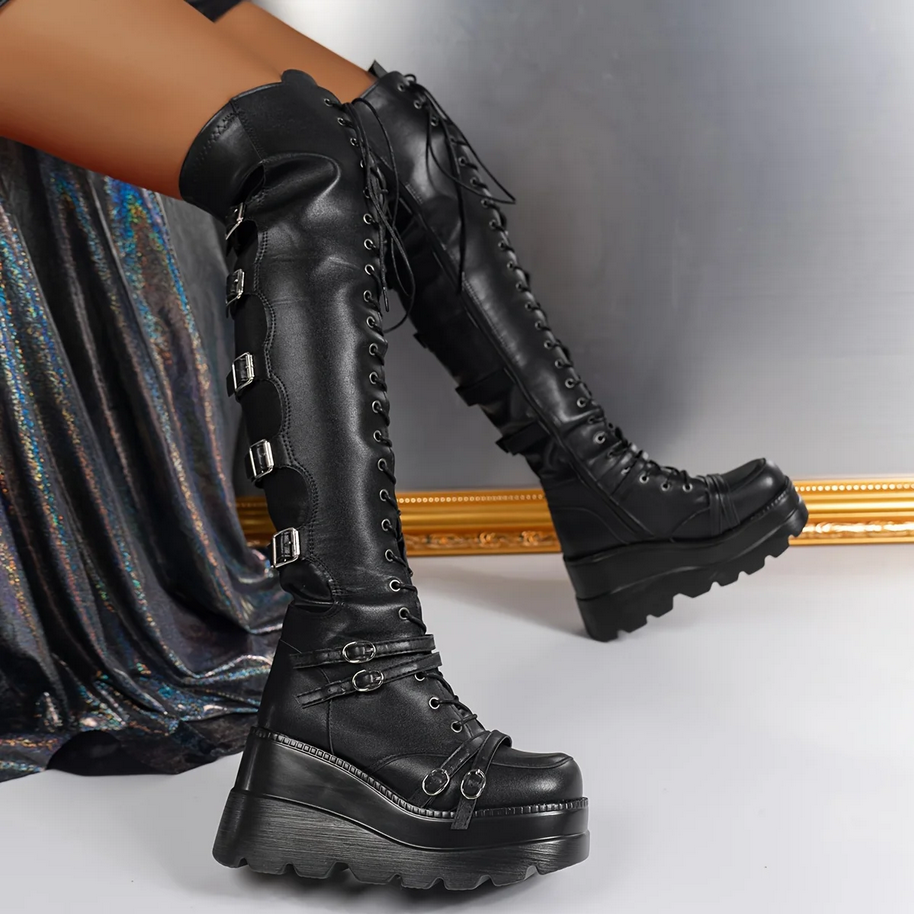 Lace-Up Gothic Wedge Thigh Boots