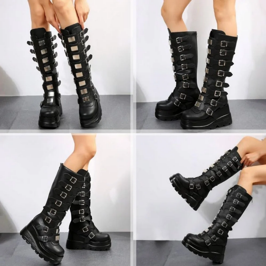 Edgy Goth Metal Buckle Women’s Black Boots