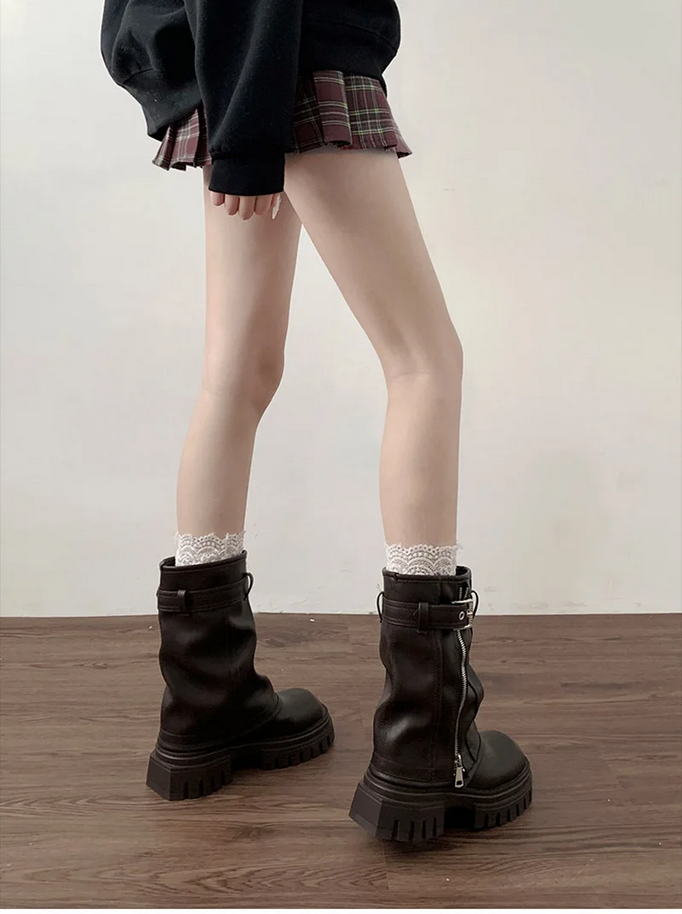 Elegant Belt Buckle Black and Brown Winter Boots