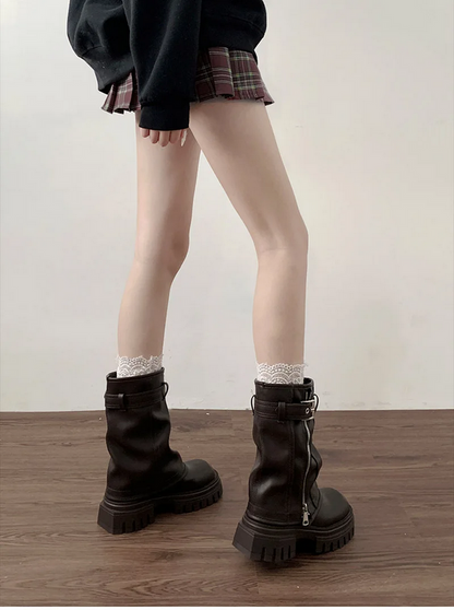 Elegant Belt Buckle Black and Brown Winter Boots