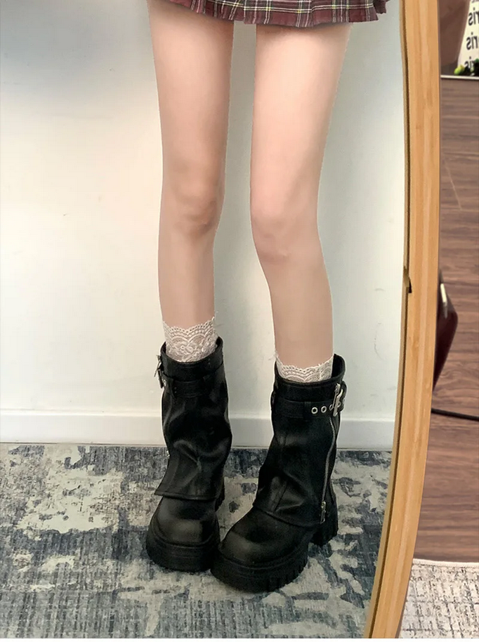 Elegant Belt Buckle Black and Brown Winter Boots