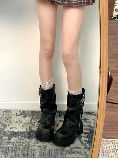 Elegant Belt Buckle Black and Brown Winter Boots