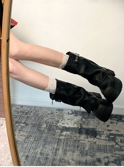 Elegant Belt Buckle Black and Brown Winter Boots