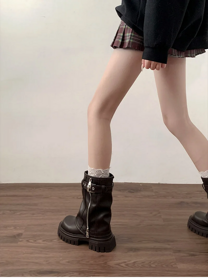 Elegant Belt Buckle Black and Brown Winter Boots