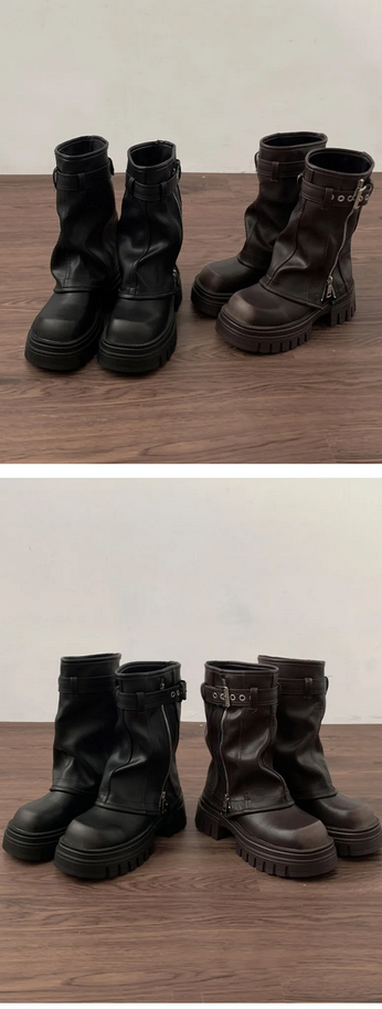 Elegant Belt Buckle Black and Brown Winter Boots