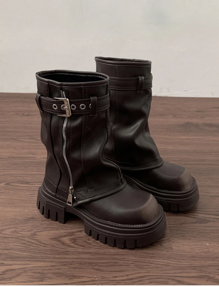 Elegant Belt Buckle Black and Brown Winter Boots