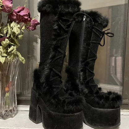 Faux Fur Y2K Punk High Platform Boots