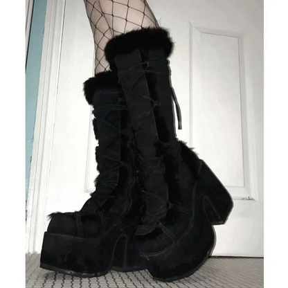 Faux Fur Y2K Punk High Platform Boots