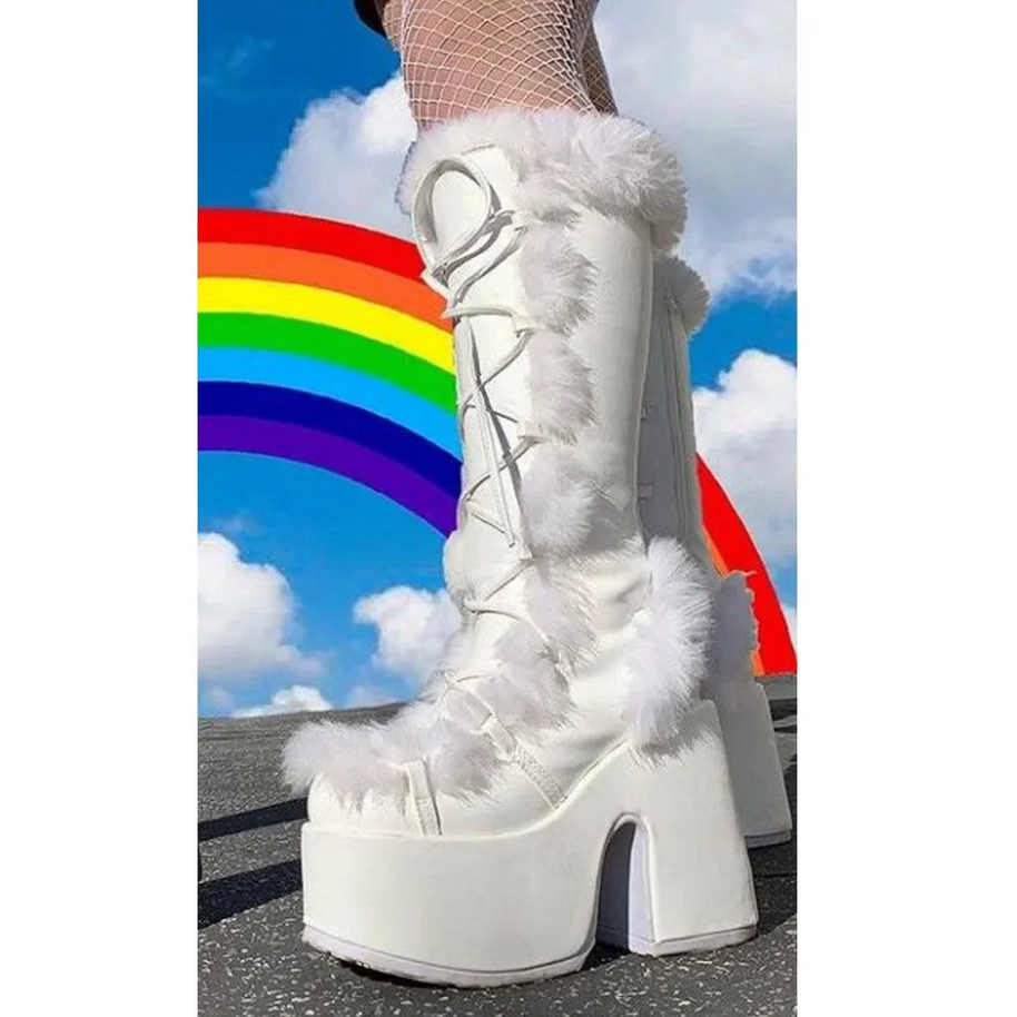 Faux Fur Y2K Punk High Platform Boots