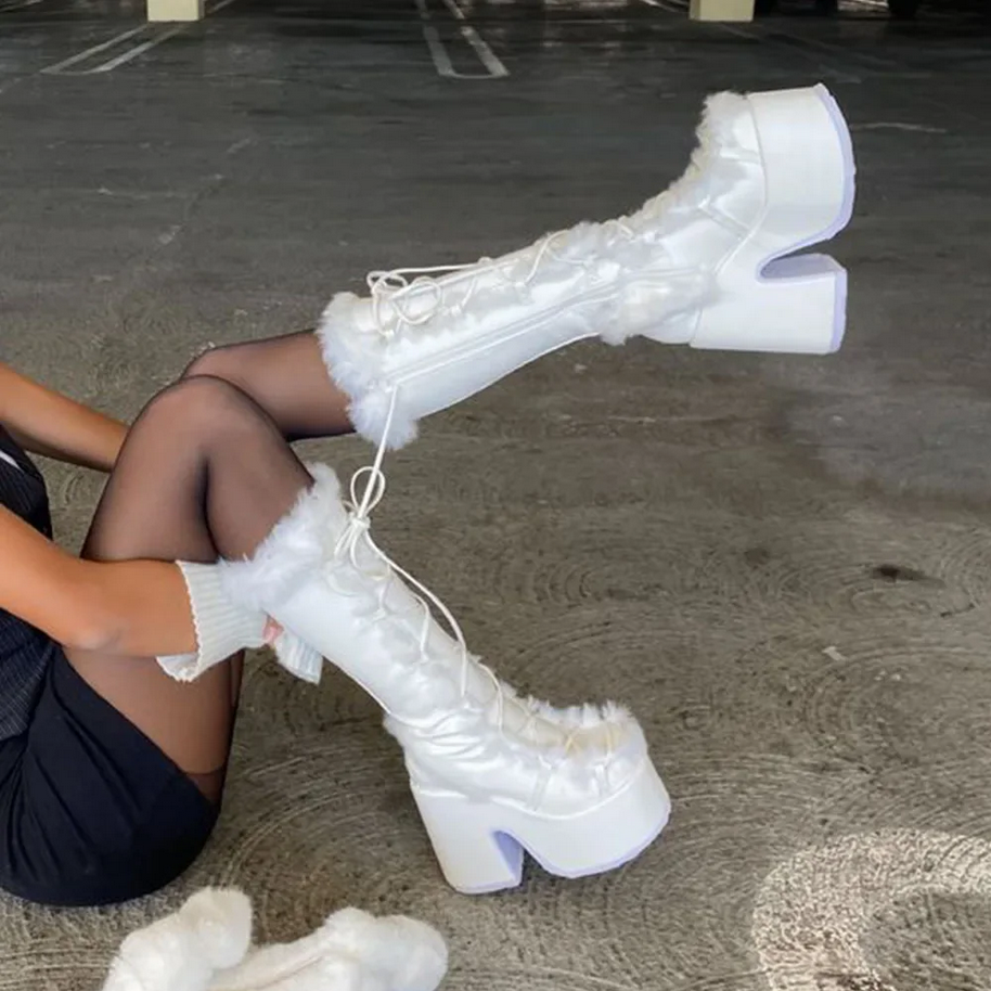 Faux Fur Y2K Punk High Platform Boots