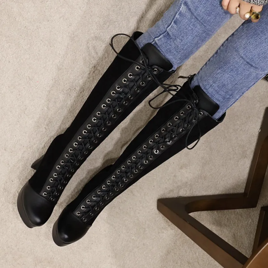 Elegant Gothic Lace-Up Knee Boots Vintage Style Platform Heels for Women