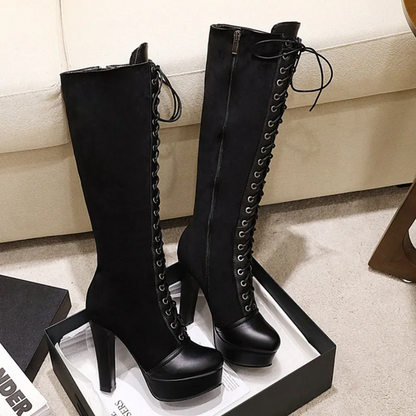 Elegant Gothic Lace-Up Knee Boots Vintage Style Platform Heels for Women